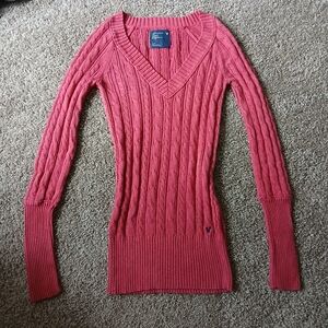 Y2K American Eagle Pink Cable Knit V Neck Sweater